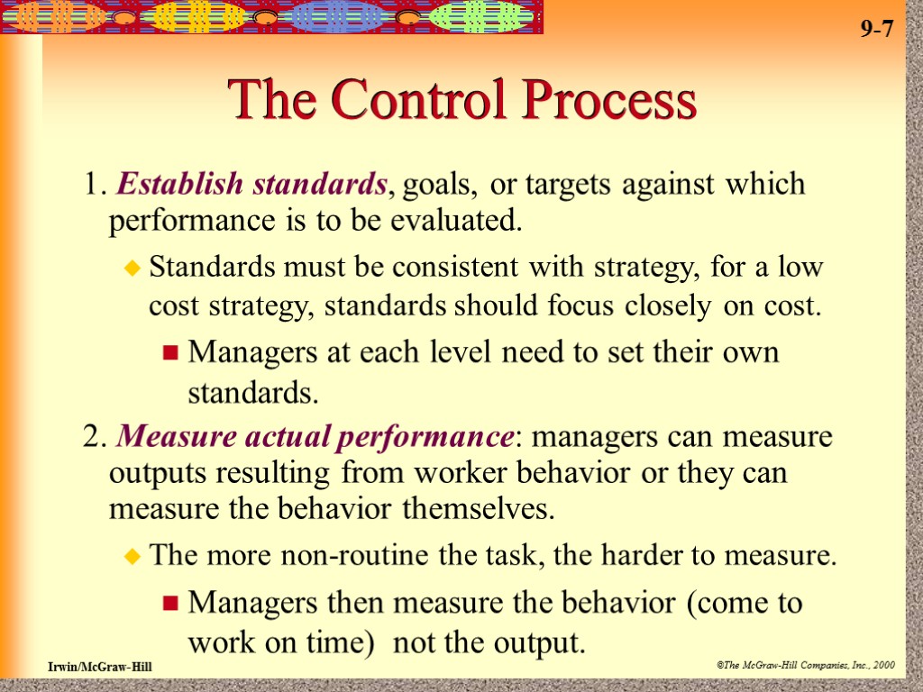 The Control Process 1. Establish standards, goals, or targets against which performance is to